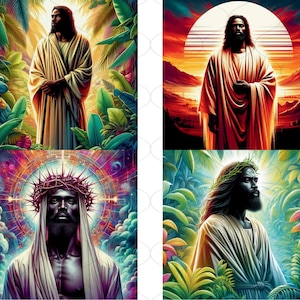 May include: Four digital art prints of a person wearing a crown of thorns and a robe. The prints are set against different backgrounds, including a tropical forest, a sunset, and a galaxy.