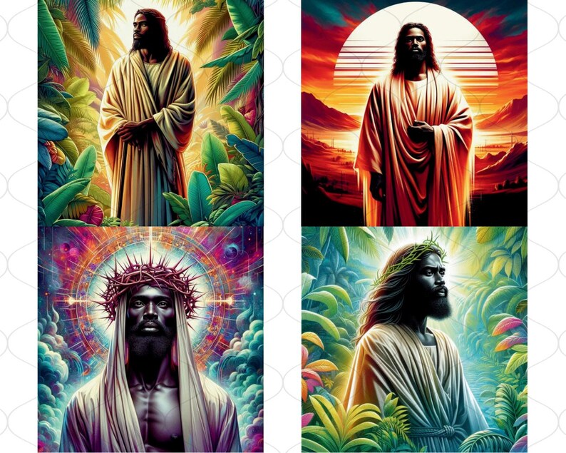 May include: Four digital art prints of a person wearing a crown of thorns and a robe. The prints are set against different backgrounds, including a tropical forest, a sunset, and a galaxy.