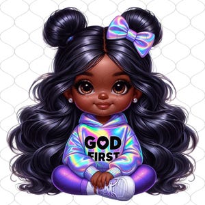 May include: A digital illustration of a young Black girl with long, curly black hair, wearing a purple iridescent hoodie with the text "GOD FIRST" on the front, and a purple iridescent bow in her hair. She is sitting with her legs crossed and wearing purple pants and white sneakers.