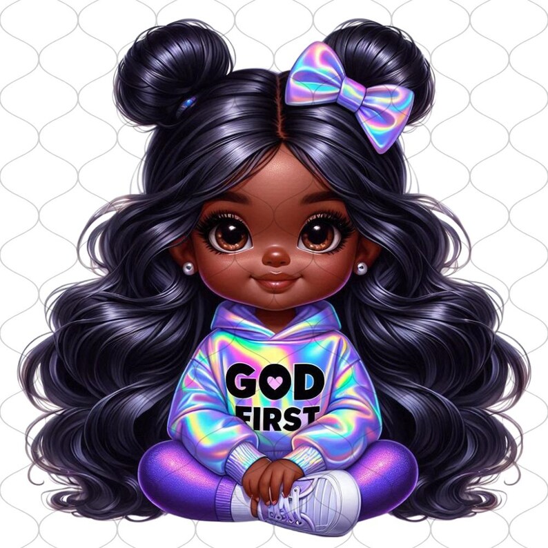 May include: A digital illustration of a young Black girl with long, curly black hair, wearing a purple iridescent hoodie with the text "GOD FIRST" on the front, and a purple iridescent bow in her hair. She is sitting with her legs crossed and wearing purple pants and white sneakers.