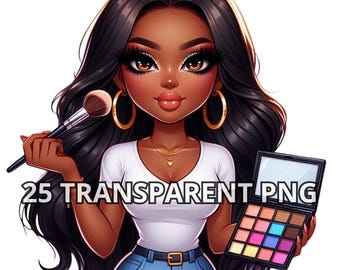 May include: A cartoon illustration of a woman with long black hair, wearing a white shirt, blue jeans, and gold hoop earrings. She is holding a makeup brush in one hand and a makeup palette in the other. The text "25 TRANSPARENT PNG" is visible at the bottom of the image.