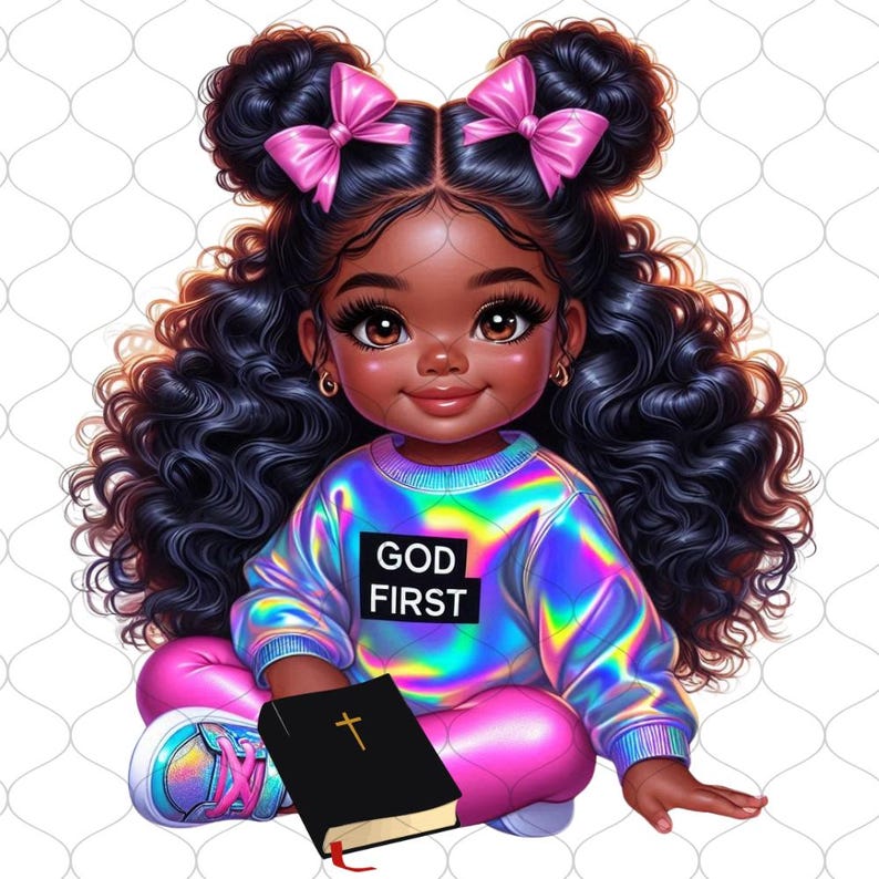 May include: A young girl with long curly black hair, wearing a holographic blue sweatshirt with the words "GOD FIRST" on the front, pink pants, and pink bows in her hair. She is sitting with a black bible in her lap.