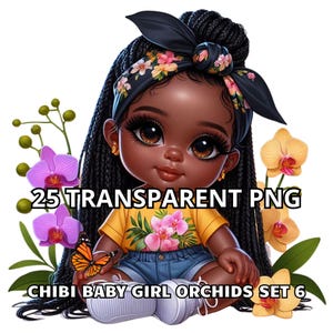 Conjunto de 25 orquídeas chibi para niñas (6 unidades), clipart de niña negra, clipart de niña negra pequeña, clipart de niña negra, clipart de niña afro, clipart de niña chibi, clipart de niña chibi