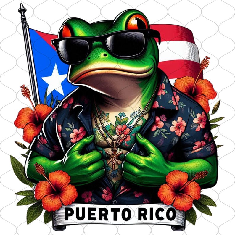 May include: A green frog wearing sunglasses and a floral shirt, with a tattoo on its chest. The frog is standing in front of a Puerto Rican flag and hibiscus flowers. The text "PUERTO RICO" is written on a banner below the frog.