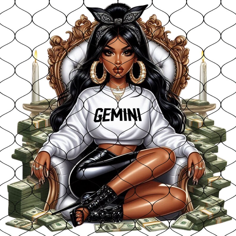 May include: A woman with long black hair wearing a white crop top with the word "GEMINI" printed on it, sits on a gold throne surrounded by stacks of money. She is wearing a black bandana, large gold hoop earrings, and black leather shorts.