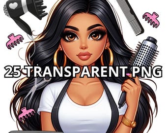 May include: A cartoon illustration of a woman with long black hair, wearing a white shirt and a black apron, holding a hairbrush and a pair of scissors. She is surrounded by hair styling tools, including a hairdryer, a comb, and hair clips. The text "25 TRANSPARENT PNG" is visible at the bottom of the image.