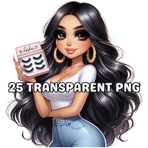 May include: A cartoon illustration of a woman with long black hair wearing a white top and blue jeans. She is holding a pink box with the text "Lashes" and a heart symbol. The image is a digital illustration.