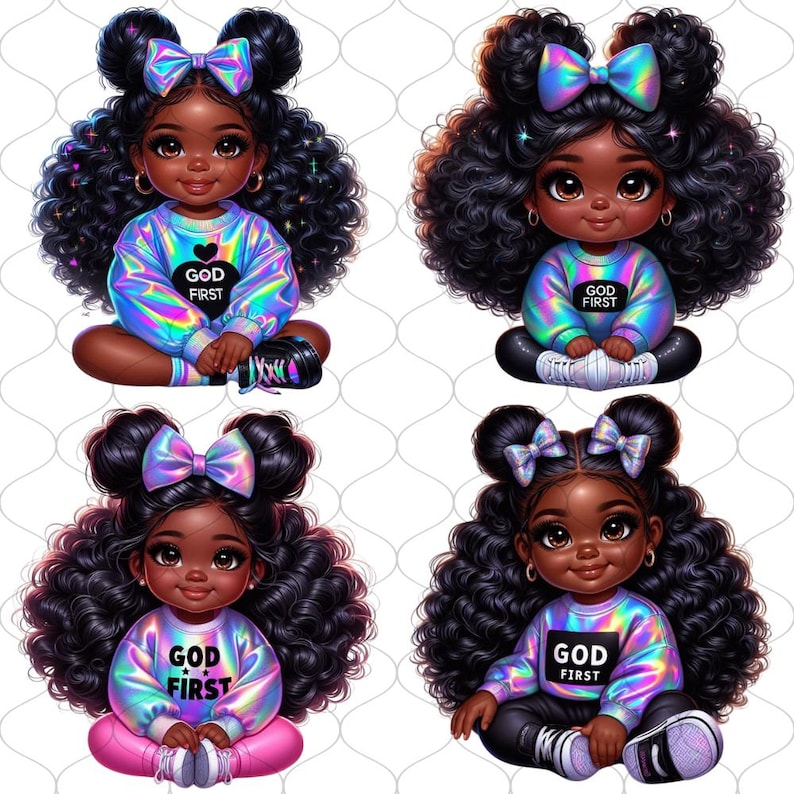 May include: Four digital illustrations of Black girls with curly hair, wearing iridescent blue sweaters with the text "God First" on the front. Each girl has a different hairstyle with two buns and a bow.