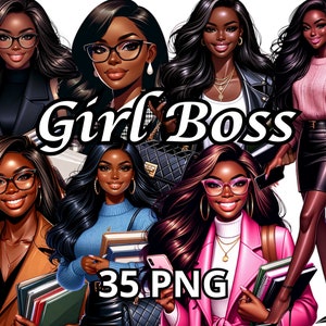 May include: Digital illustration of 35 diverse women with different hairstyles and outfits. The women are all smiling and looking confident. The text "Girl Boss" is written in bold white letters across the image.