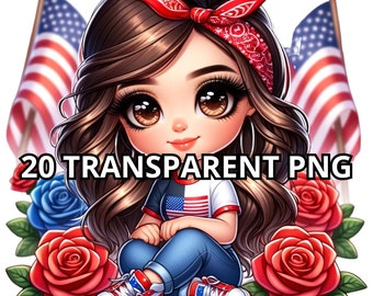20 Chibi Linda Chicana Chica Día de la Independencia Png, 4 de julio Png, Png Patriótico, Clipart Chicana, Muñecas Chibi Png, Chica Chibi Png, Clipart Latina