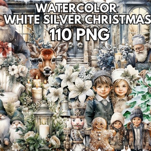 Aquarel wit zilver Kerstmis, 110 PNG, Kerstmis PNG clipart bundel, winter clipart, kerstboom PNG, magische gezellige tijd, witte kerst