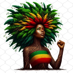 K&ouml;nnte beinhalten: Digitale Kunst einer Frau mit baumartigem K&ouml;rper und Haaren aus gr&uuml;nen, gelben und roten Bl&auml;ttern. Sie tr&auml;gt ein Oberteil in den Farben der Rastafari-Flagge und hebt die Faust als Zeichen der Solidarit&auml;t.