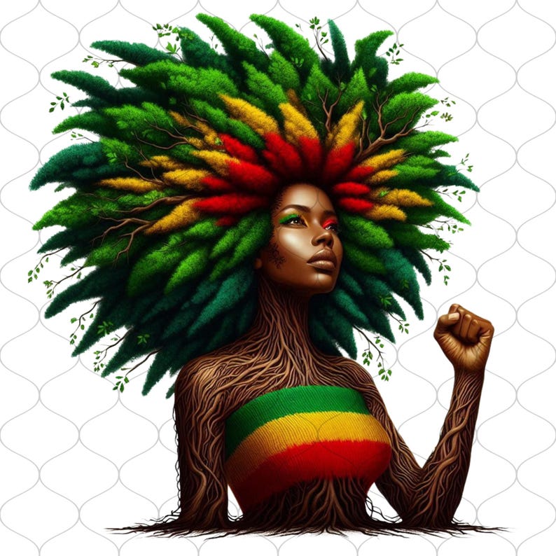 K&ouml;nnte beinhalten: Digitale Kunst einer Frau mit baumartigem K&ouml;rper und Haaren aus gr&uuml;nen, gelben und roten Bl&auml;ttern. Sie tr&auml;gt ein Oberteil in den Farben der Rastafari-Flagge und hebt die Faust als Zeichen der Solidarit&auml;t.