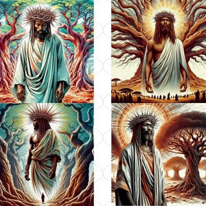 May include: A digital art print of a Black Jesus figure with a crown of thorns, standing in a forest with large trees. The figure is wearing a white robe and has long dreadlocks. The background is a mix of green, brown, and orange colors.