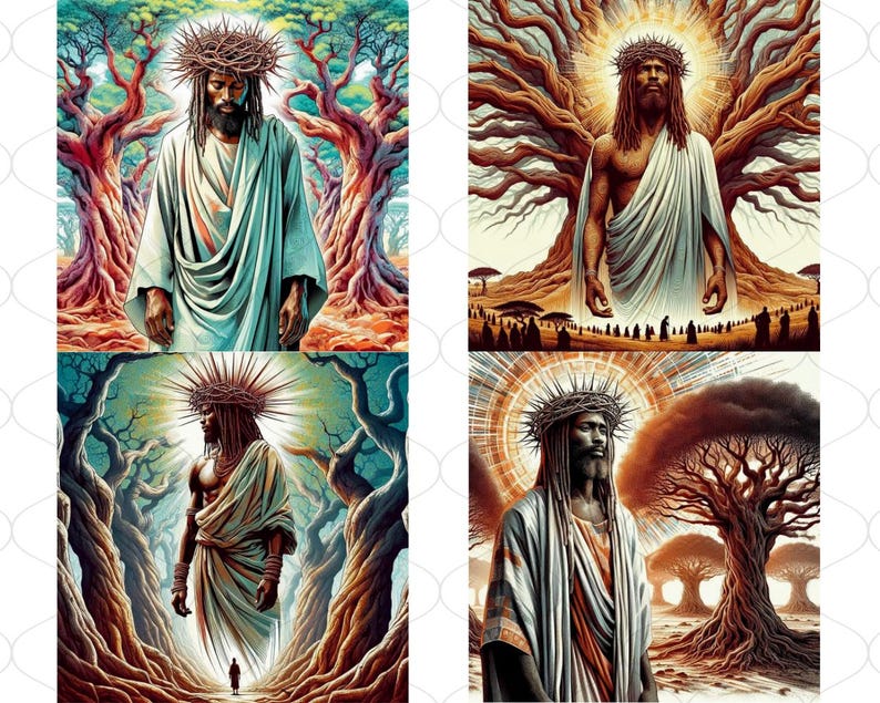 May include: A digital art print of a Black Jesus figure with a crown of thorns, standing in a forest with large trees. The figure is wearing a white robe and has long dreadlocks. The background is a mix of green, brown, and orange colors.