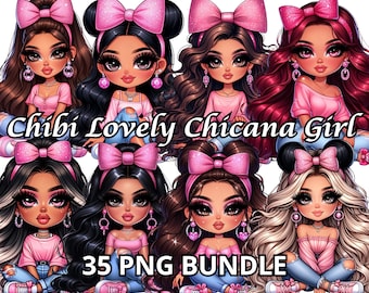 May include: A digital illustration set of 35 cartoon images featuring cute, stylized girls with pink bows and accessories. The girls are wearing pink and blue clothing and have brown hair. The text "Chibi Lovely Chicana Girl 35 PNG Bundle" is at the bottom of the image.
