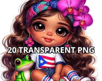 20 Chibi Cute Puerto Rican Baby Girl, Coqui Frog,Puerto Rico Png,Proud Puerto Rican Png,Latina Png,Latina Clipart,Boricua Png,Chibi Girl Png