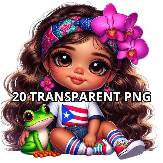 20 Chibi Cute Puerto Rican Baby Girl, Coqui Frog,Puerto Rico Png,Proud Puerto Rican Png,Latina Png,Latina Clipart,Boricua Png,Chibi Girl Png