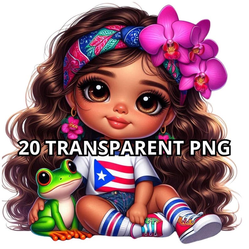 May include: A cartoon illustration of a girl with brown hair wearing a headband with a floral pattern, a white shirt with a Puerto Rican flag design, blue denim shorts, and red and white striped socks. She is sitting with a green frog beside her.