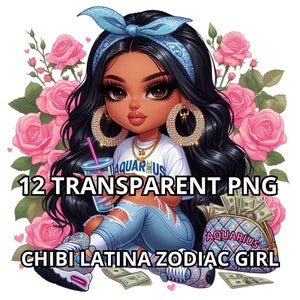 Chibi Latina Zodiac Girl Png, 12 TRANSPARENT PNG, Chicano Woman Png, Latina Woman Png, Chicana Clipart, Latina Png, Zodiac Png Bundle