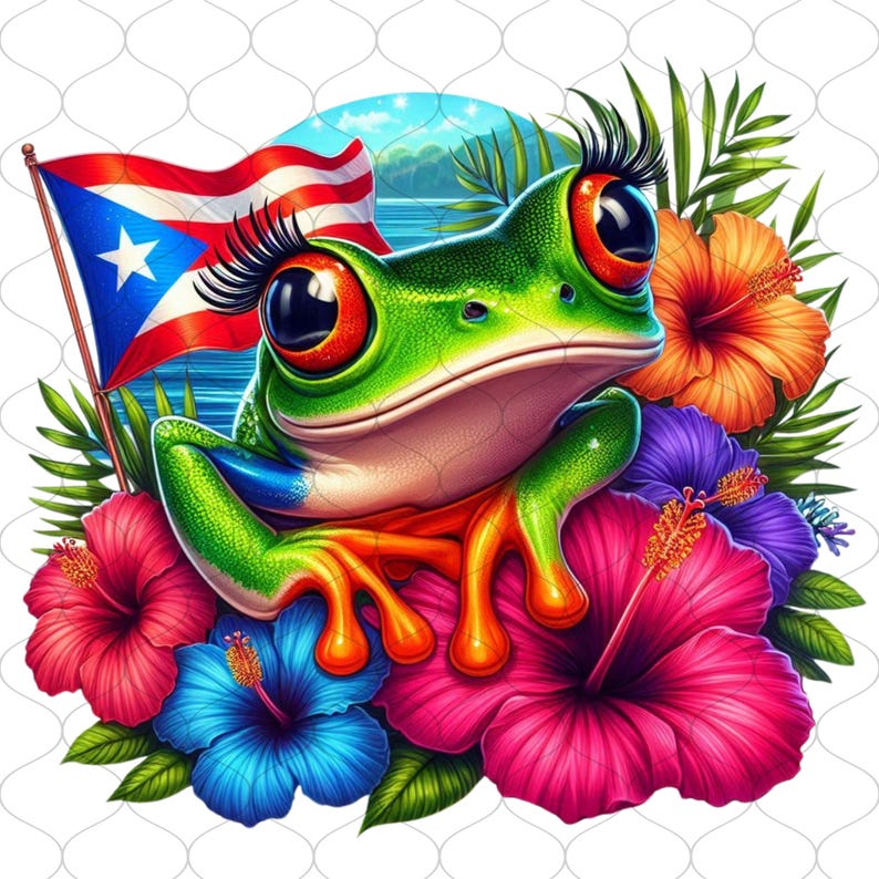 May include: A vibrant illustration of a green frog with large eyes and long eyelashes, surrounded by colorful hibiscus flowers. A Puerto Rican flag is in the background, with a tropical landscape. The frog is the focal point of this tropical-themed artwork.