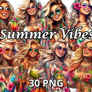 Summer Vibes Clipart, 30 PNG, Summer Girls Clipart, Beach Girls Clipart, Summer Clipart, Blonde Clipart, Femme tatouée, Fille tatouée, Poussin tatoué