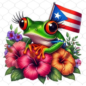 May include: A vibrant illustration of a green frog with large eyes and long eyelashes, perched atop colorful hibiscus flowers. The frog is holding a Puerto Rican flag. The image features bright colors and a whimsical design.