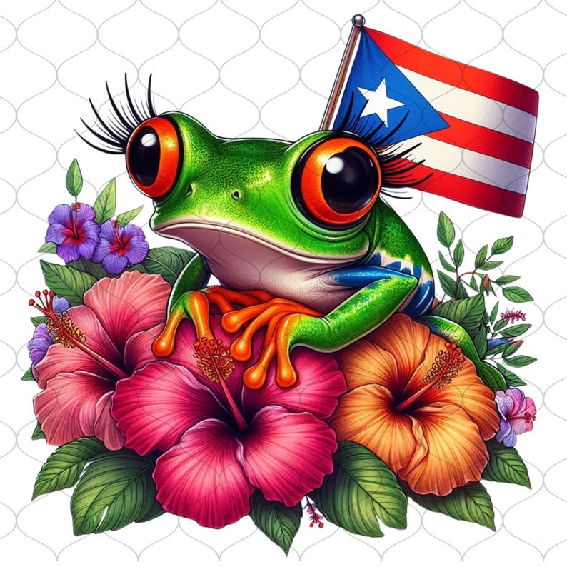 May include: A vibrant illustration of a green frog with large eyes and long eyelashes, perched atop colorful hibiscus flowers. The frog is holding a Puerto Rican flag. The image features bright colors and a whimsical design.