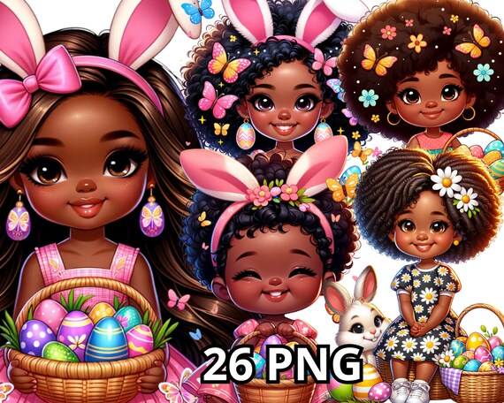 Easter Cute Black Girl Png, 26 PNG, Easter Clipart, Black Girl Clipart, Easter Png, Black Girl Png, Bunny Clipart, Little Black Girl Clipart