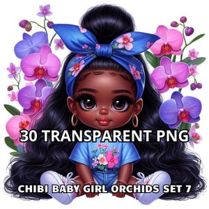 Conjunto de 30 orquídeas chibi para niñas (7 unidades), clipart de niña negra, clipart de niña negra pequeña, clipart de niña negra, clipart de niña afro, clipart de niña chibi, clipart de niña chibi