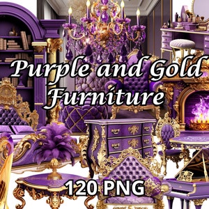 Purple and Gold Furniture, 120 PNG, Furniture Clipart, Home Clipart, Living Room Clipart, Sofa Clipart, Armchair Clipart, Home Decor Clipart