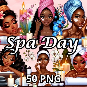 Spa Day Clipart, 50 PNG, Entspannung Clipart, Gesundheit Clipart, Wellness Clipart, Badezimmer Clipart, Selbstpflege Grafiken, Black Girl Magic Png