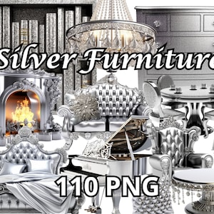 Silberne Möbel, 110 PNG, Möbel Clipart, Home Clipart, Wohnzimmer Clipart, Sofa Clipart, Sessel Clipart, Home Decor Clipart, Glamour