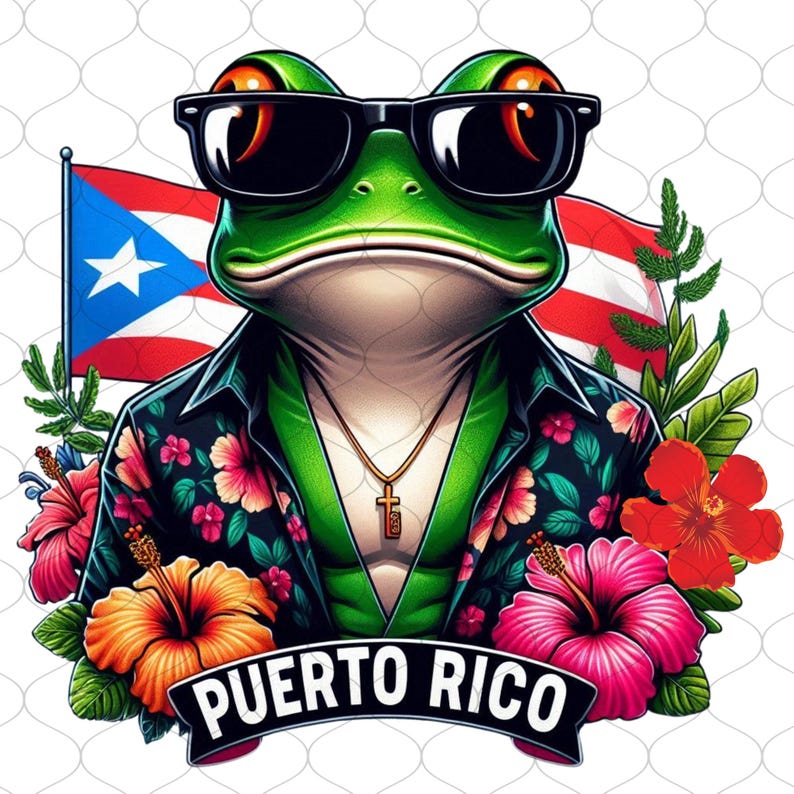 May include: A green frog wearing sunglasses and a floral shirt, with a gold chain and cross pendant. The frog is standing in front of a Puerto Rican flag and tropical flowers. The text "PUERTO RICO" is written in black on a white banner.