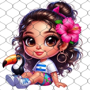 Puede incluir: Una ilustraci&oacute;n de dibujos animados de una ni&ntilde;a con cabello largo y casta&ntilde;o que lleva una camiseta blanca con la bandera de El Salvador, pantalones cortos rosas y una flor rosa en el pelo. Est&aacute; sentada con un tuc&aacute;n en su regazo. El fondo es una malla blanca.
