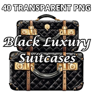 40 schwarze Luxuskoffer, schwarze gesteppte Koffer, schwarze Luxustaschen, Mode Clipart, Fashion Girl Clipart, Glam Girl Clipart, Fashionista