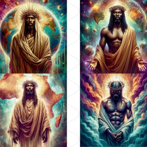 May include: A digital art collage of four images depicting a person with a crown of thorns and a long robe. The images are set against a colorful background with celestial elements.