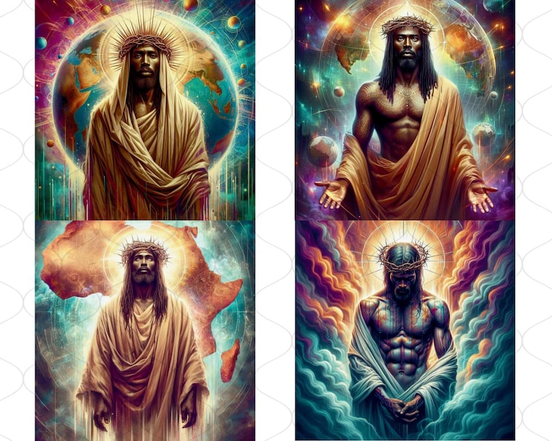 May include: A digital art collage of four images depicting a person with a crown of thorns and a long robe. The images are set against a colorful background with celestial elements.