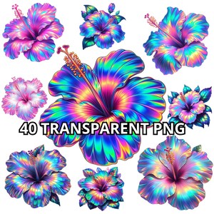 40 holografische schillernde Hibiskus Png, Hibiskus Clipart, Hibiskus Png, tropische Blumen Png, tropische Clipart, Sommer Vibes Png, Sommer Png