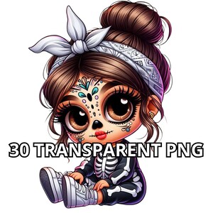 Pode incluir: Uma ilustração de desenho animado de uma menina com cabelo castanho, usando uma bandana branca, uma fantasia de esqueleto e sapatos brancos. Ela tem olhos grandes e um design de pintura facial de caveira de açúcar. A imagem tem o texto "30 TRANSPARENT PNG" na parte inferior.
