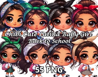 Chibi Cute Latina Baby Girl Back to School Png, 55 PNG, Chibi Girl Png, Latina Clipart, Latina Princess Clipart, Hispanic Girl Png, Chicana
