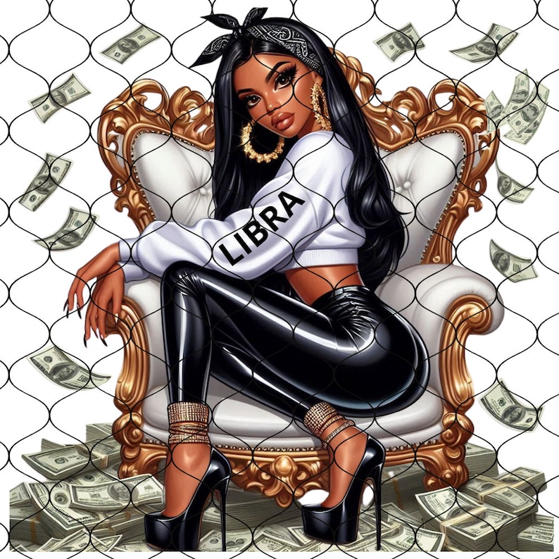May include: A digital illustration of a woman with long black hair wearing a white crop top with the word "LIBRA" on it, black leather pants, and high heels. She is sitting on a gold and white throne surrounded by stacks of money.