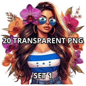 Pode incluir: Uma ilustração digital de uma mulher com cabelo castanho comprido usando óculos de sol e uma camiseta branca sem mangas com a bandeira de Honduras impressa. Ela está cercada por flores de orquídea rosa e laranja. O texto "20 TRANSPARENT PNG SET 1" está na parte inferior da imagem.
