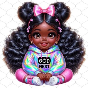 May include: A digital illustration of a young Black girl with long curly black hair, wearing a pink bow, a holographic iridescent hoodie with the text "GOD FIRST" on the front, pink pants, and pink and white sneakers.
