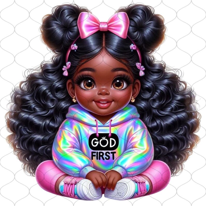 May include: A digital illustration of a young Black girl with long curly black hair, wearing a pink bow, a holographic iridescent hoodie with the text "GOD FIRST" on the front, pink pants, and pink and white sneakers.