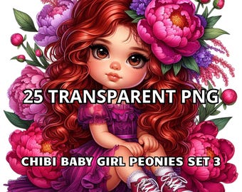 25 Chibi Baby Girl Peonies Set 3, Chibi Girl Clipart, Chibi Girl Png, Baby Girl Png, Little Girl Png, Peonies Png, Chibi Cute Baby Girl Png