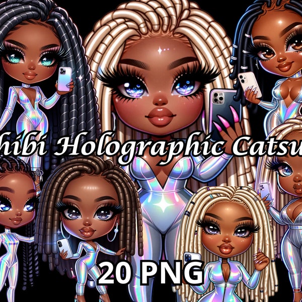 Chibi Holographic Catsuit, 20 PNG, Chibi Dolls Png, Chibi Clipart, Chibi Style Woman Clipart, Melanin Queen Png, Black Girl Clipart, Afro Queen