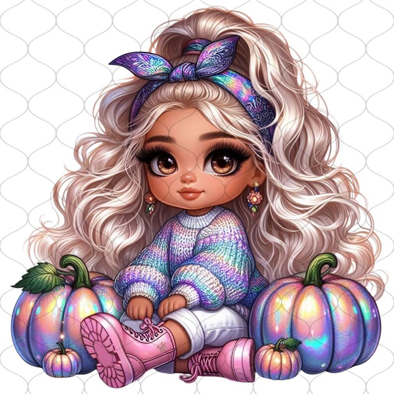 20 Holographic Iridescent Autumn Chibi Baby Girl Set 1, Autumn Png ...