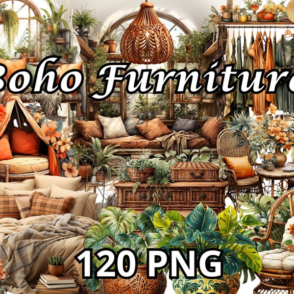 Boho Furniture, 120 PNG, Furniture Clipart, Home Clipart, Boho Living Room Clipart, Sofa Clipart, Boho Chic Furniture, Home Decor Clipart