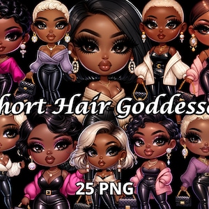 ショートヘアの女神、25 PNG、メラニン クイーン PNG、黒人女性のクリップアート、黒人ガール マジック PNG、ブラック クイーン PNG、ちび人形 PNG、ちびガール PNG
